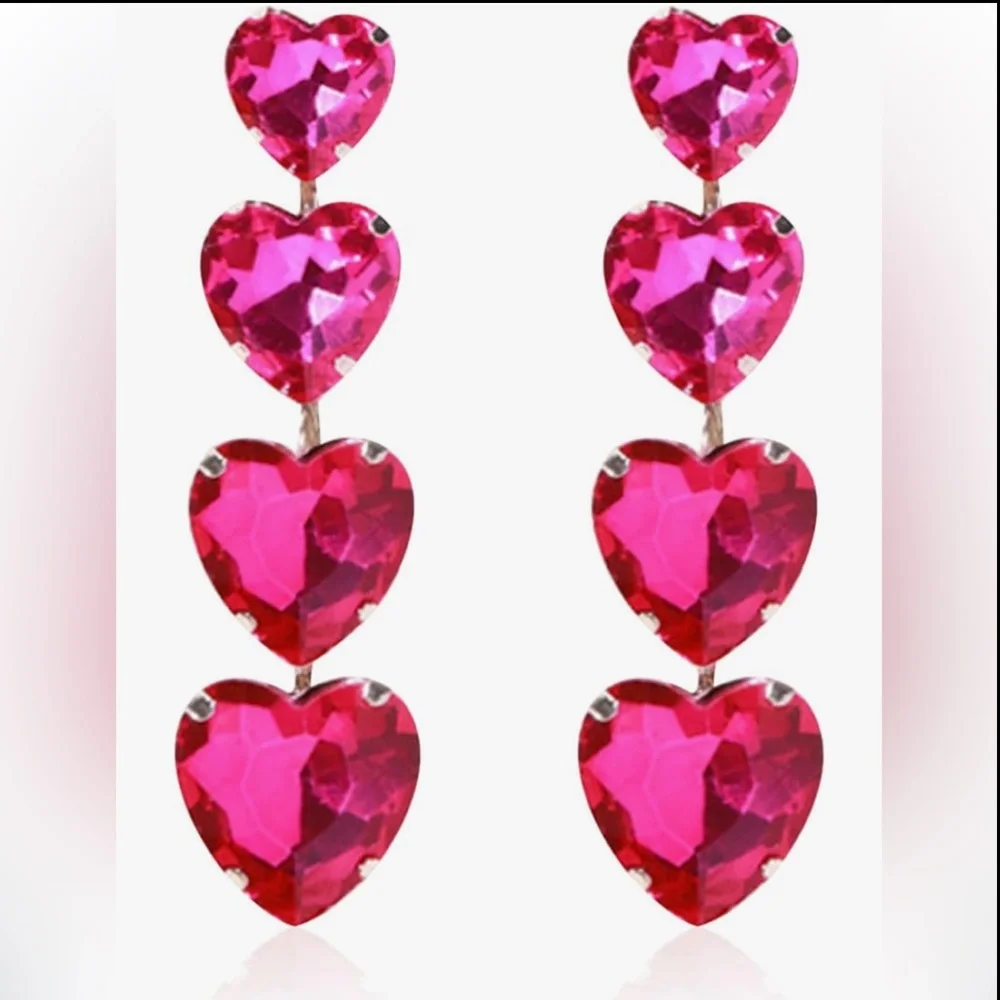Pink Crystal Heart Dangle Drop Earrings with Stud Backs NEW NWT Gorgeous items!_6